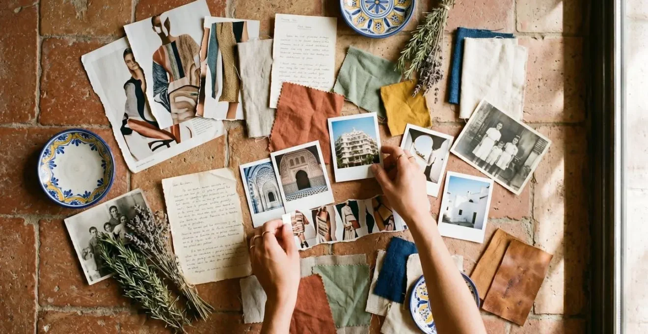Collage artístico de inspiración de moda con elementos culturales españoles