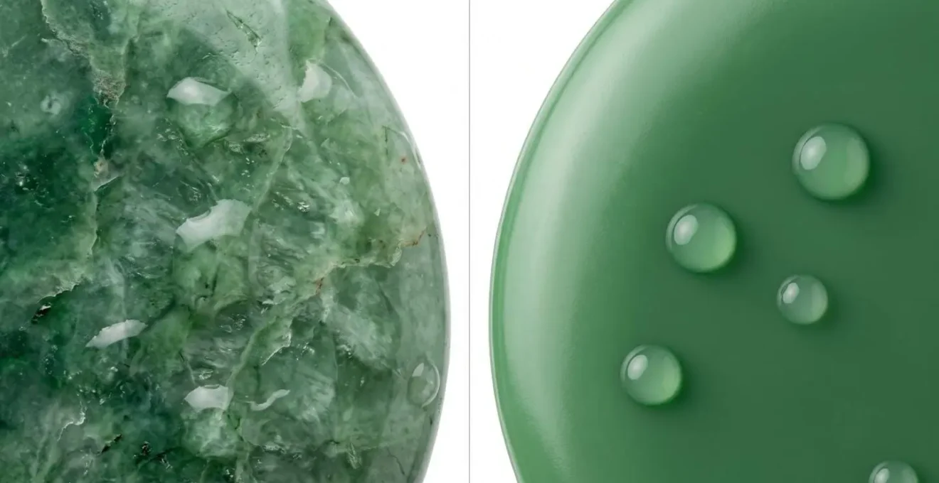 Comparación macro de jade auténtico mostrando vetas naturales versus imitación plástica uniforme