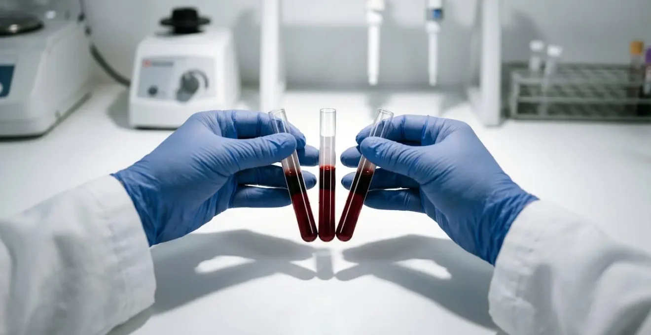 Técnico de laboratorio procesando muestras de sangre con equipos de análisis modernos