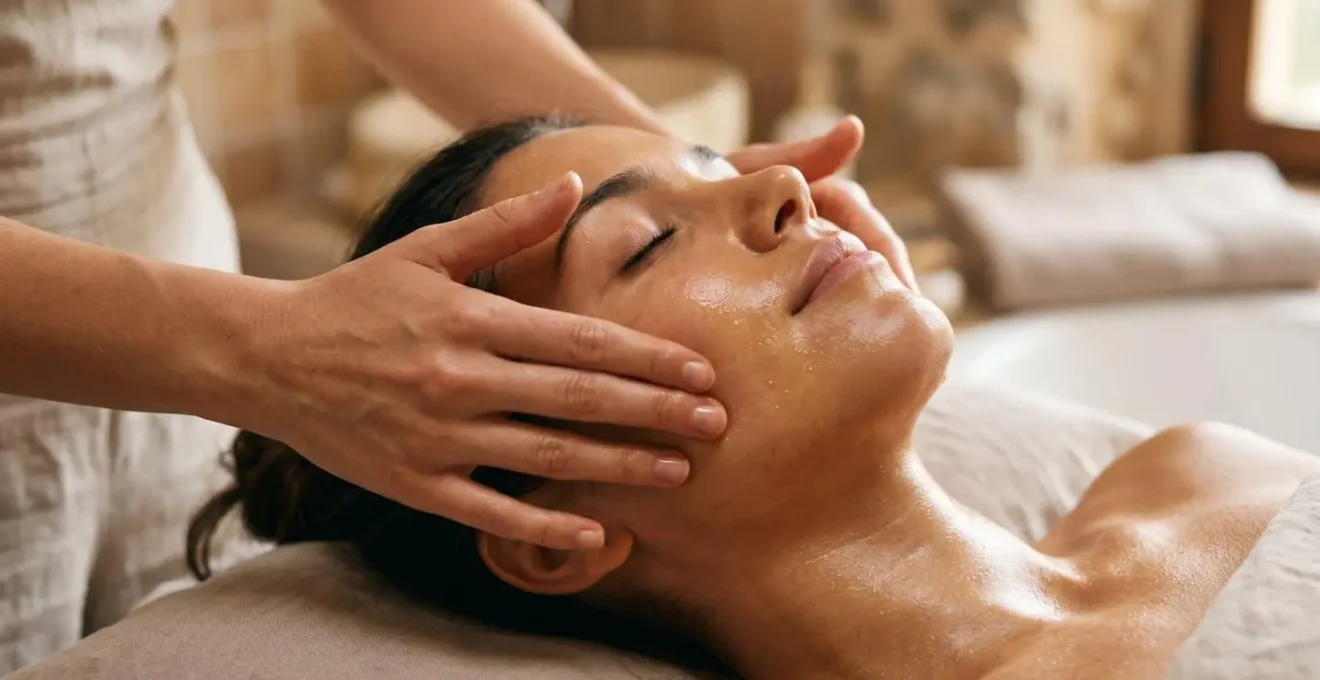 Manos realizando masaje de drenaje linfático con aceite limpiador en rostro