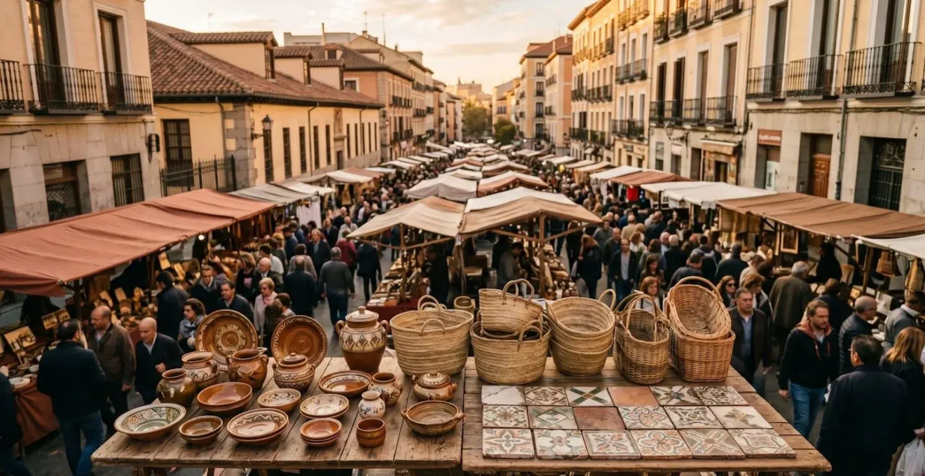 Vista del Rastro de Madrid con piezas vintage y artesanía local en expositores de madera.