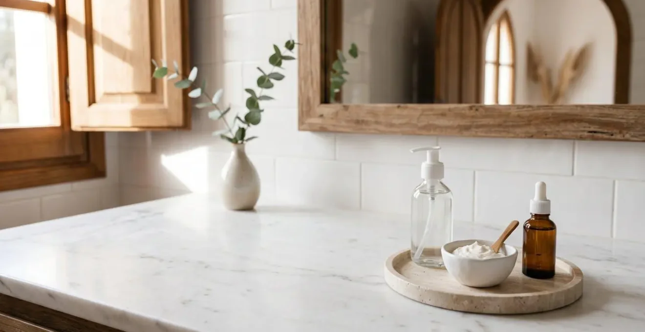 Mesa de baño minimalista con solo tres productos de cuidado facial sin etiquetas visibles