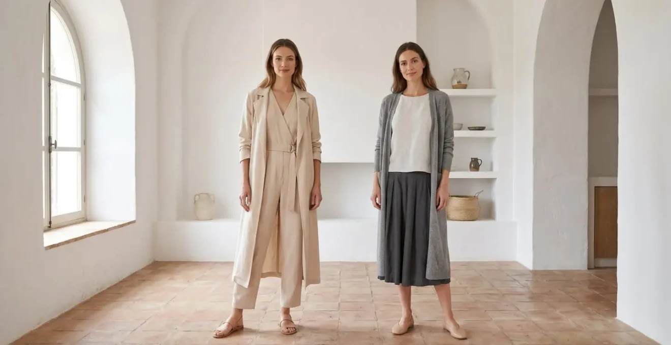 Comparación visual de looks monocromáticos versus contrastados para crear efecto de altura