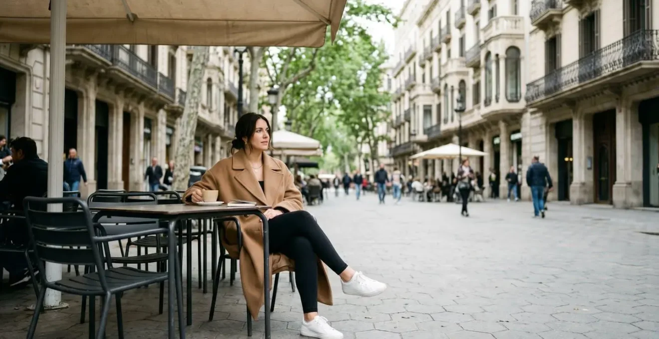 Mujer con look athleisure elegante tomando café en terraza barcelonesa
