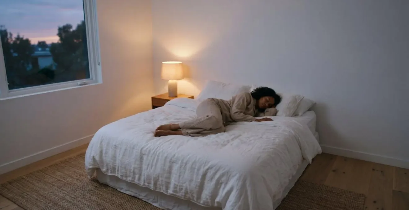 Mujer practicando body scan en dormitorio minimalista con iluminación suave nocturna