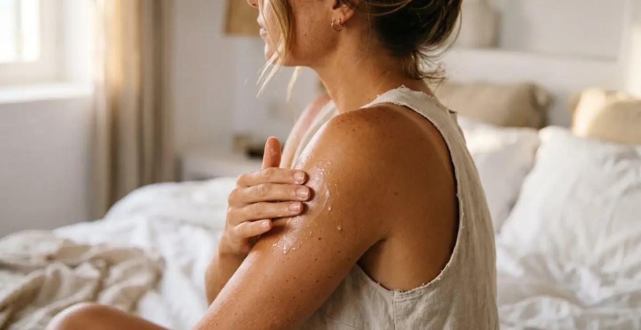 Textura de piel bronceada con gotas de after-sun aplicándose suavemente