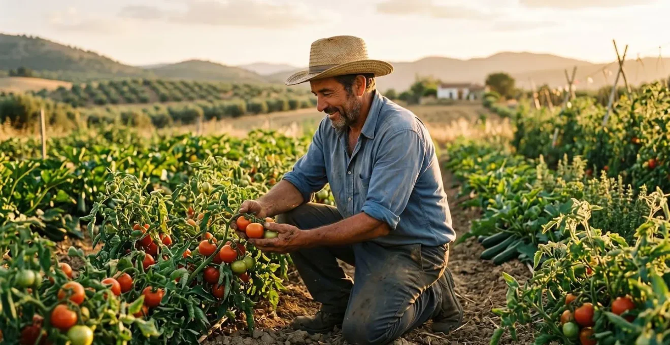 Agricultor español en su huerto ecológico al atardecer