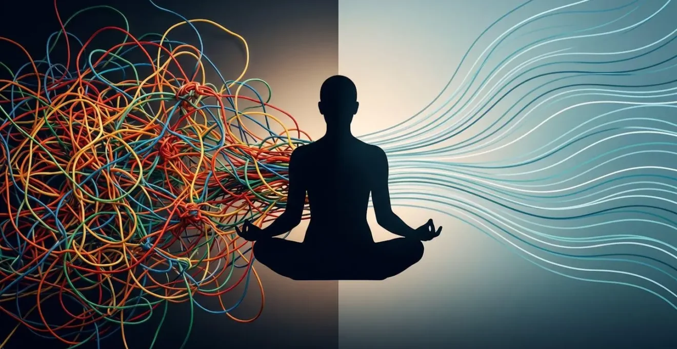Visualización artística del contraste entre un cerebro activo con pensamientos caóticos y uno en estado meditativo con flujos ordenados