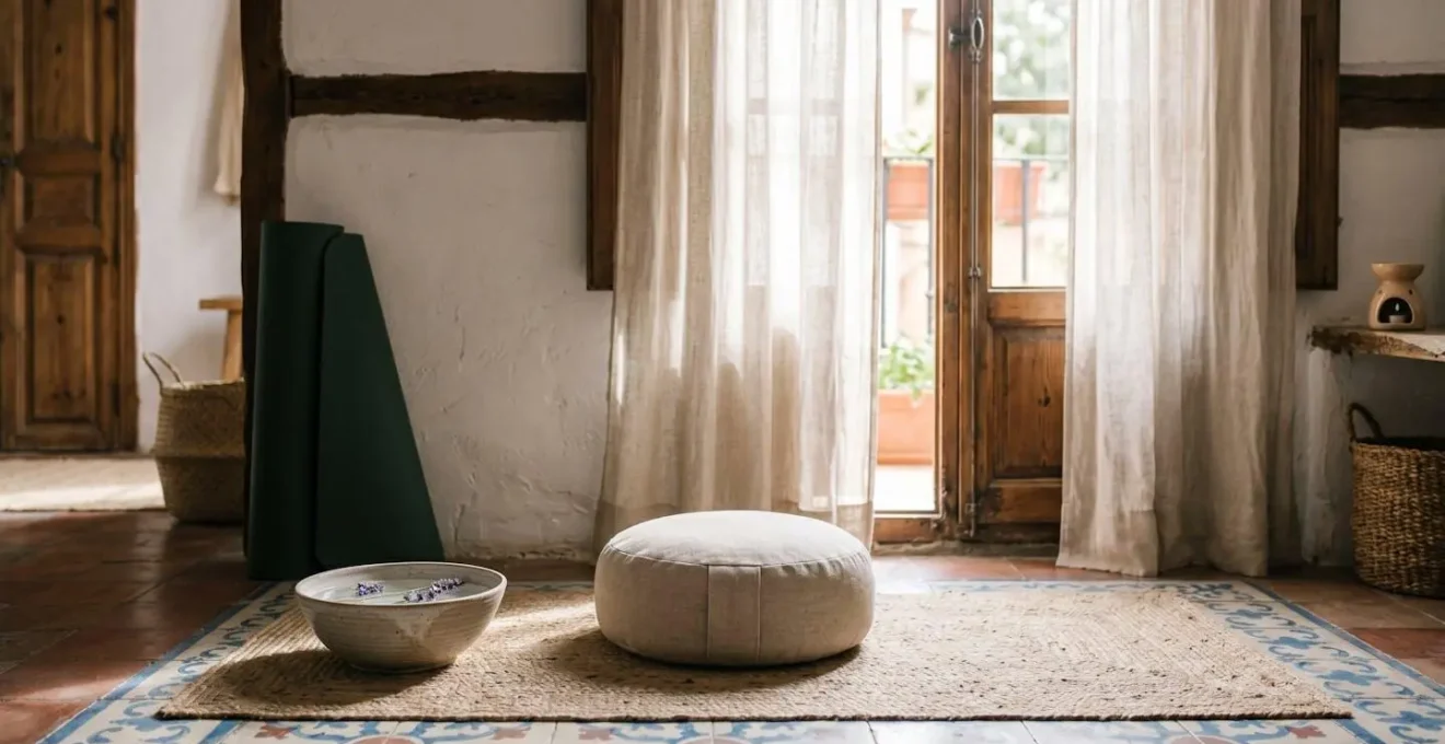 Espacio matutino minimalista con luz suave, textiles naturales y plantas mediterráneas en interior español