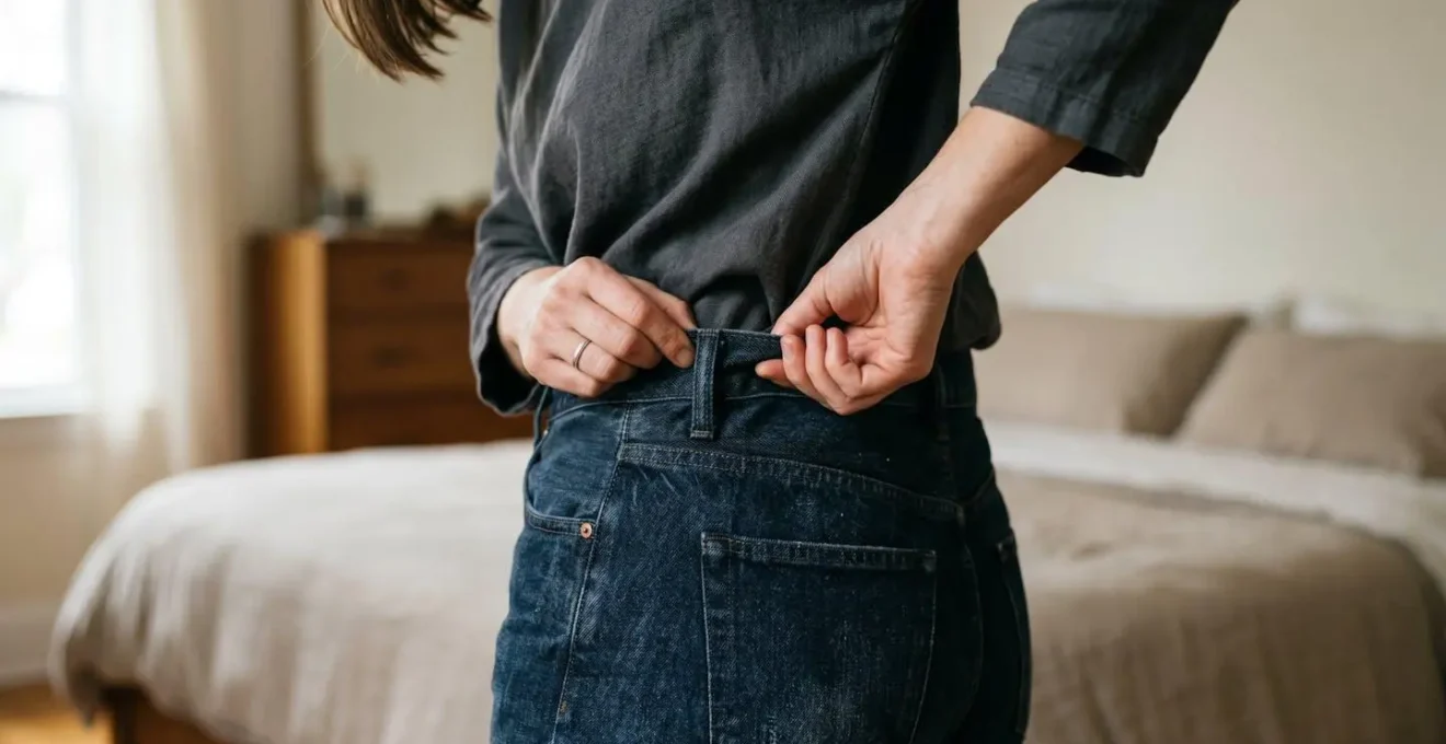 Vista detallada del ajuste de cintura en jeans mostrando el problema del hueco y la solución
