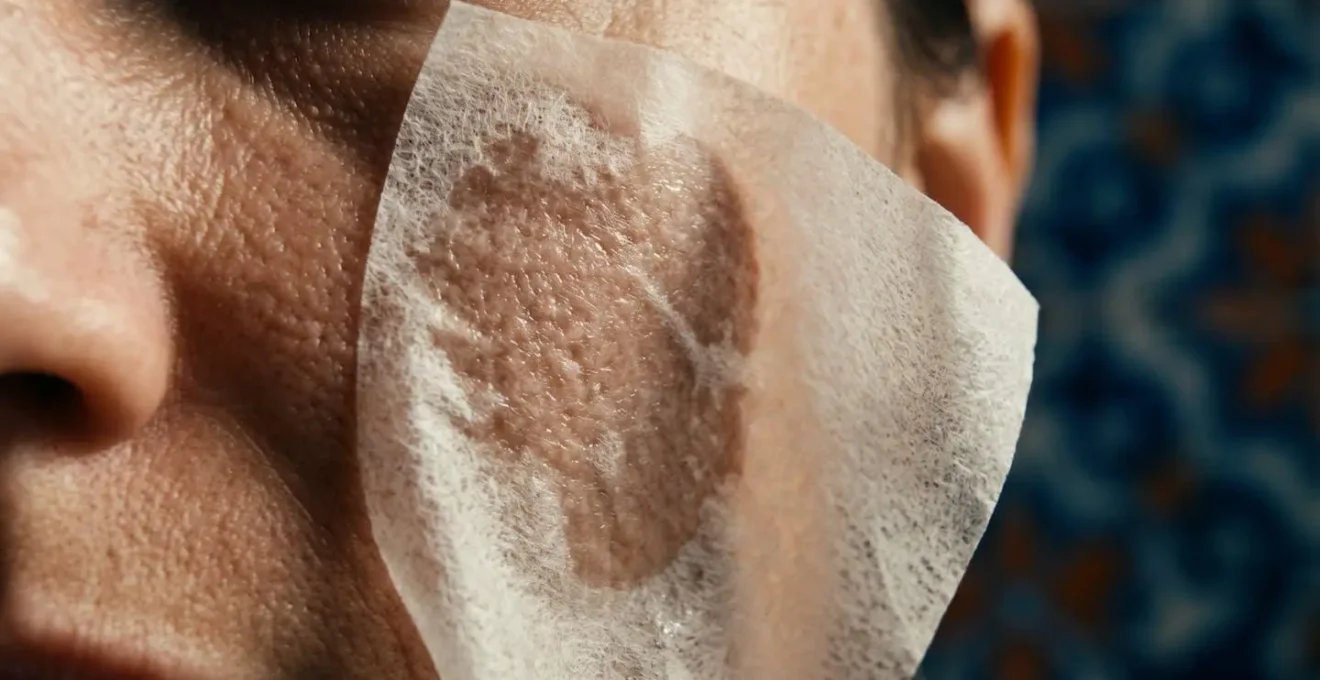 Primer plano de papel de arroz aplicado suavemente sobre una mejilla, mostrando el residuo graso de un exceso de crema.