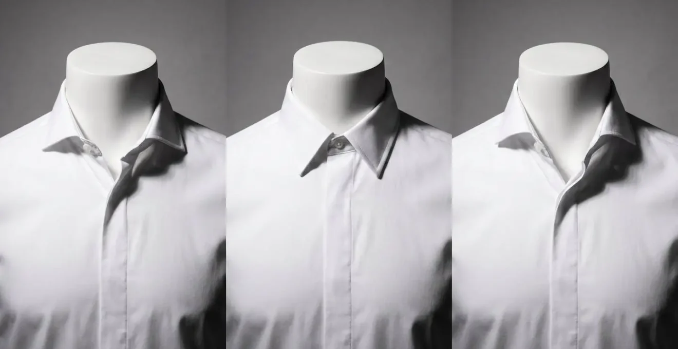 Comparación visual de diferentes tipos de cuellos de camisa sobre maniquí masculino