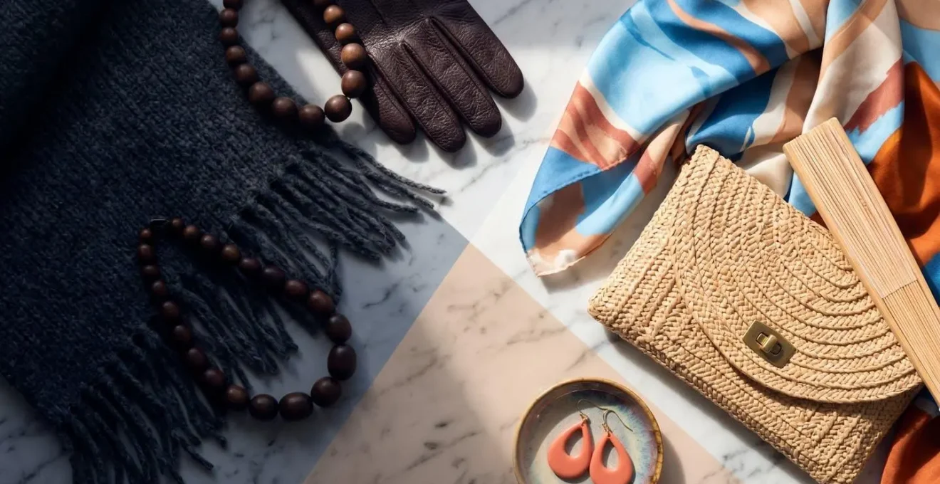 Mesa con accesorios de transición estacional: pañuelo seda, bolso rafia y abanico elegante