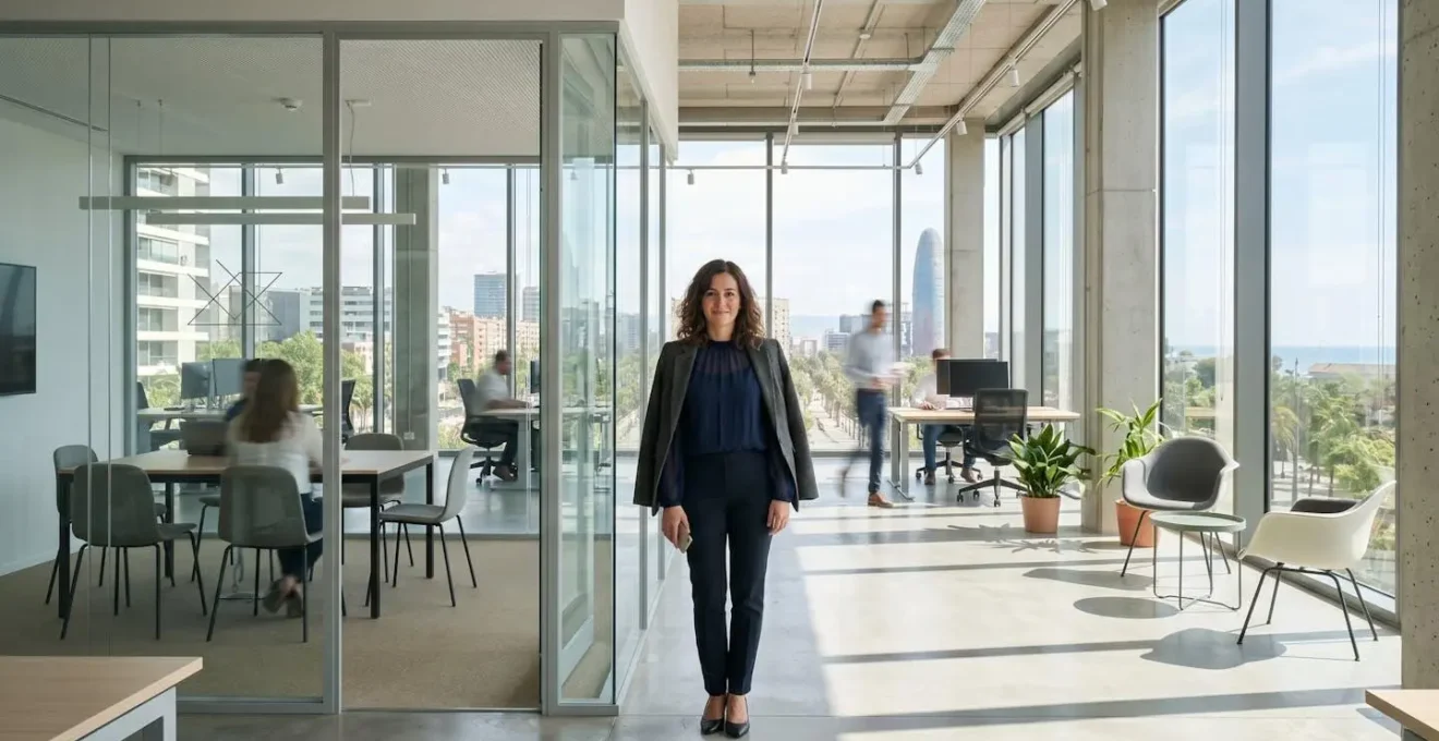 Outfit profesional con detalles de transparencia sutil en ambiente de oficina