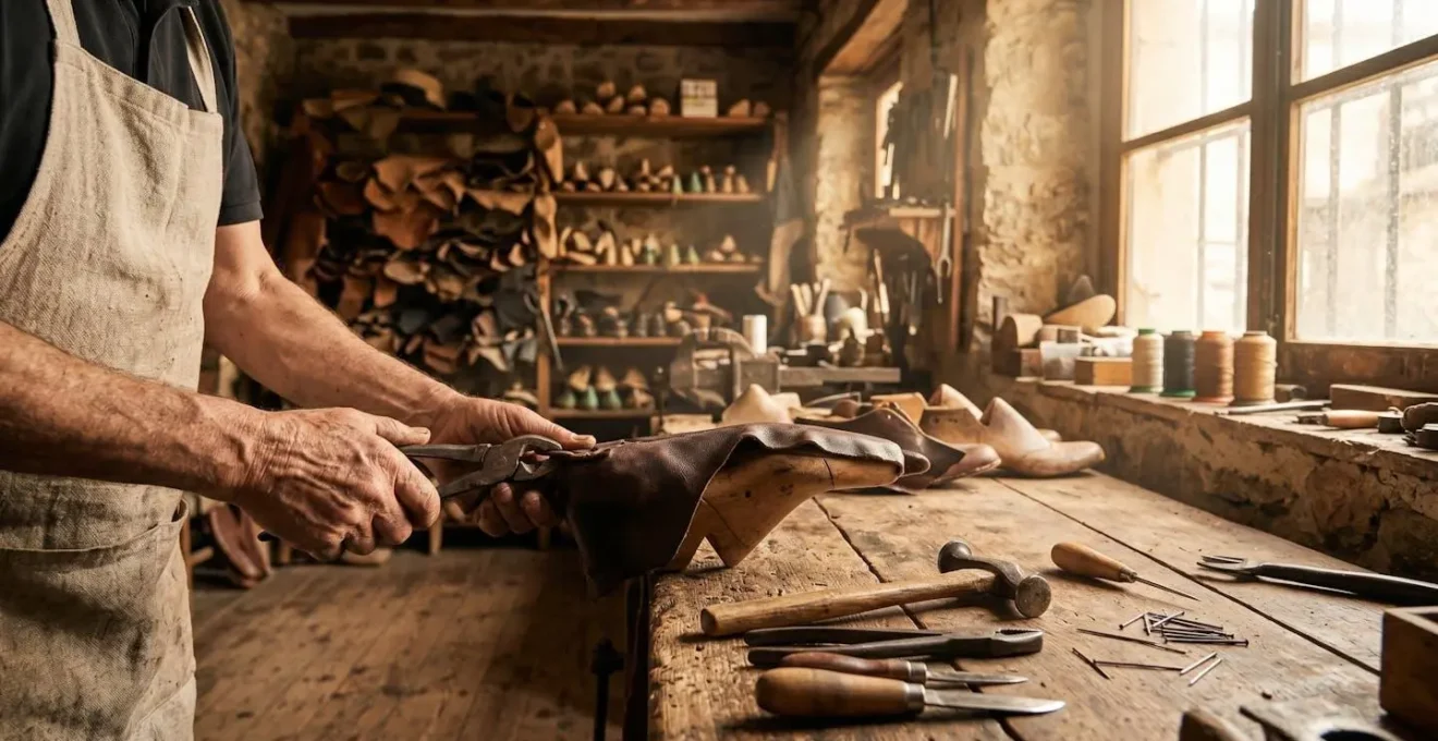 Zapatero artesano español trabajando con hormas de madera en su taller tradicional