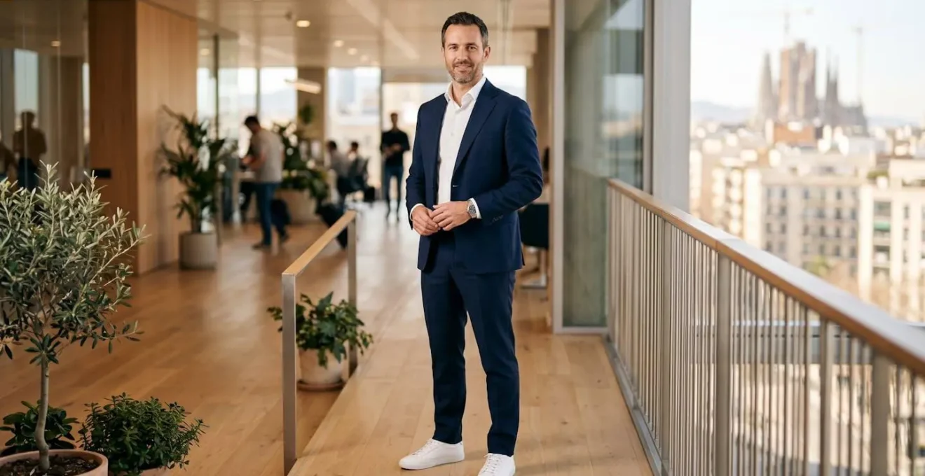 Ejecutivo con traje entallado azul marino y zapatillas de piel blanca minimalistas en entorno de oficina contemporáneo