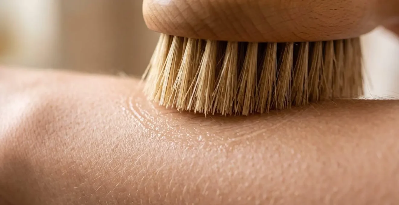 Cepillo de cerdas naturales sobre piel con movimiento circular suave
