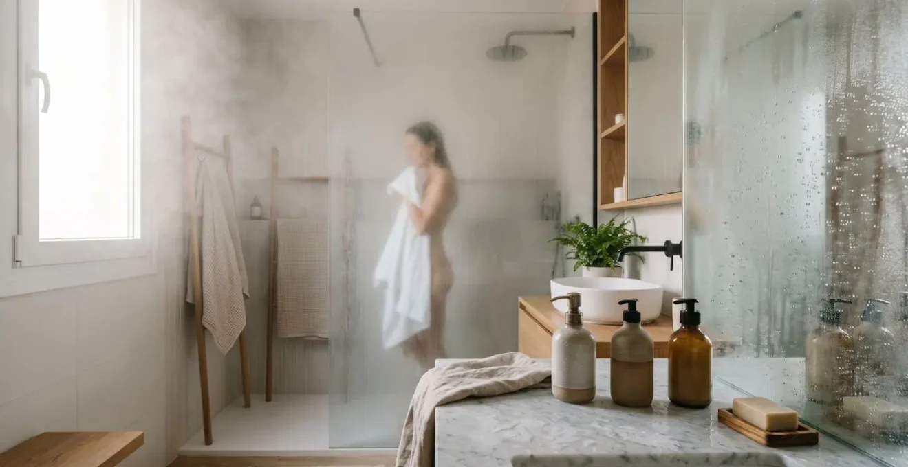 Mujer aplicando crema hidratante después de la ducha con vapor de fondo
