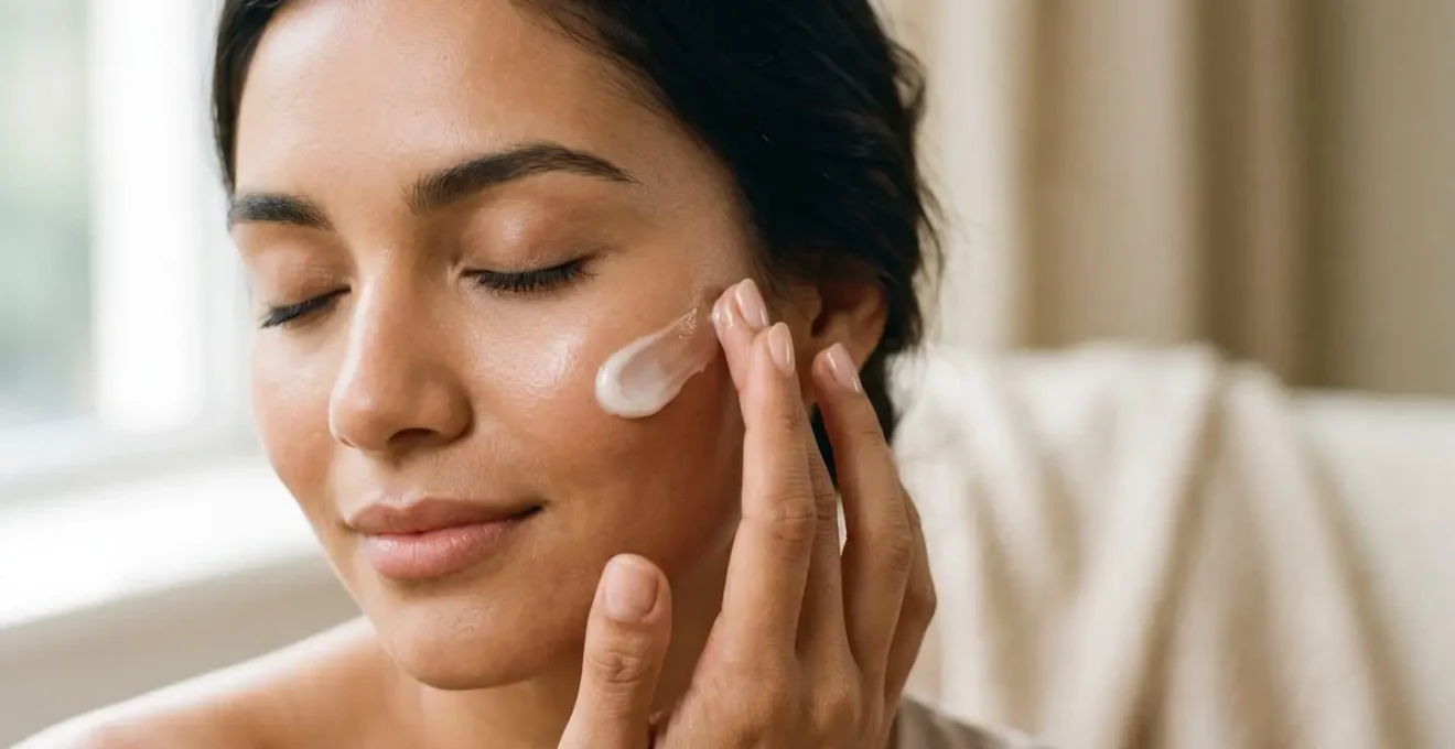 Mano aplicando crema facial con textura suave y uniforme sobre mejilla