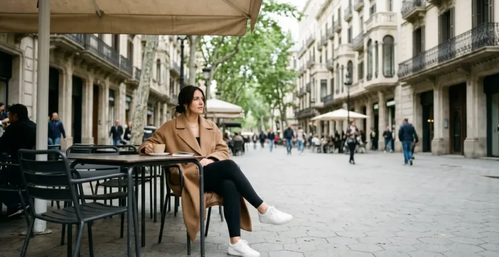 Mujer con look athleisure elegante tomando café en terraza barcelonesa Mujer con look athleisure elegante tomando café en terraza barcelonesa